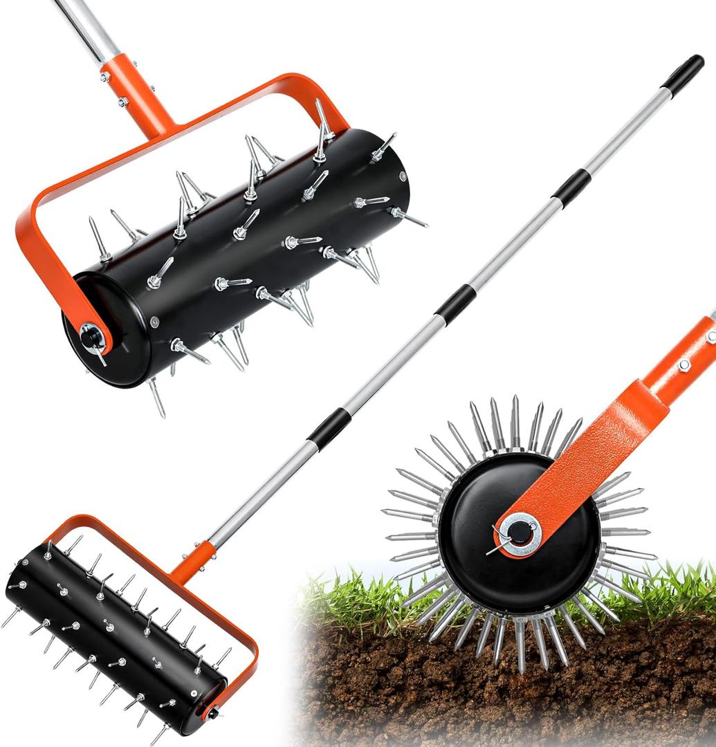 Rolling Lawn Aerator Heavy-Duty Manual Lawn Aerator Tool with 42 Reinforced Spikes, Fillable Drum for Added Weight, 75" Adjustable Handle, Soil Penetrator for Lawn, Garden, Yard, Patio
