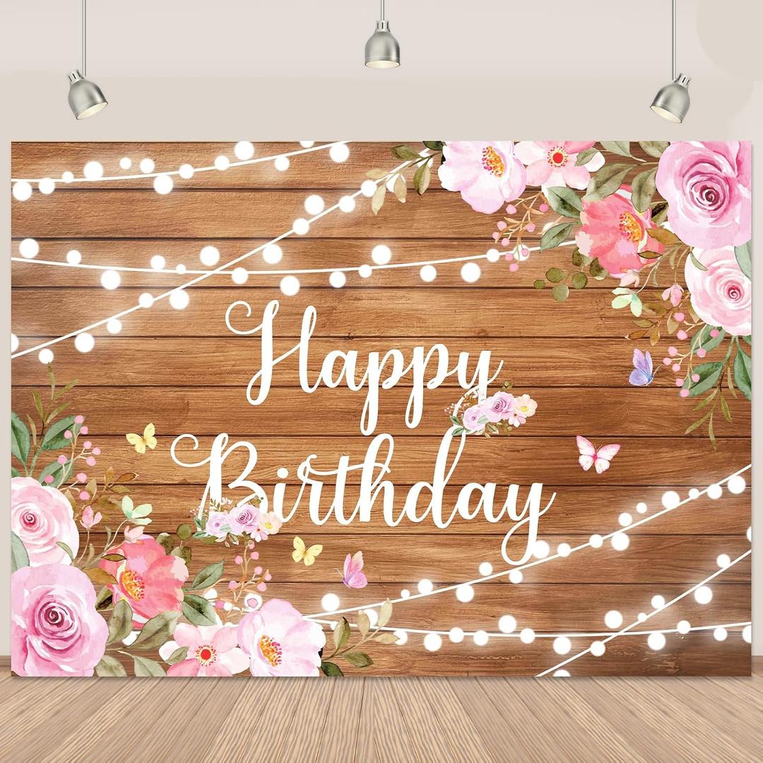 Happy Birthday Backdrop for Women Rustic Wooden Butterfly Happy Birthday Banner Decorations Glitter Lights Pink Floral Party Decoration Background for 20th 30th Women Girl 7X5ft(84x60 inch) (S1)