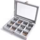Frebeauty Jewelry Organizer Tray with Clear Lid, 12 Grid Velvet Drawer Insert Storage Box with Transparent Lid Display Case Gift for Women (Grey, 12 Grid)