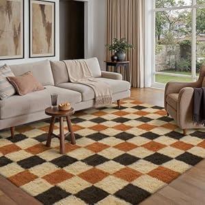 PureCozy Checkered Rug 5x8 for Living Room, Modern Neutral Shag Rug Super Soft Washable Indoor Fuzzy Carpet Non-Slip Fluffy Rugs for Bedroom Home Aesthetic Decor 