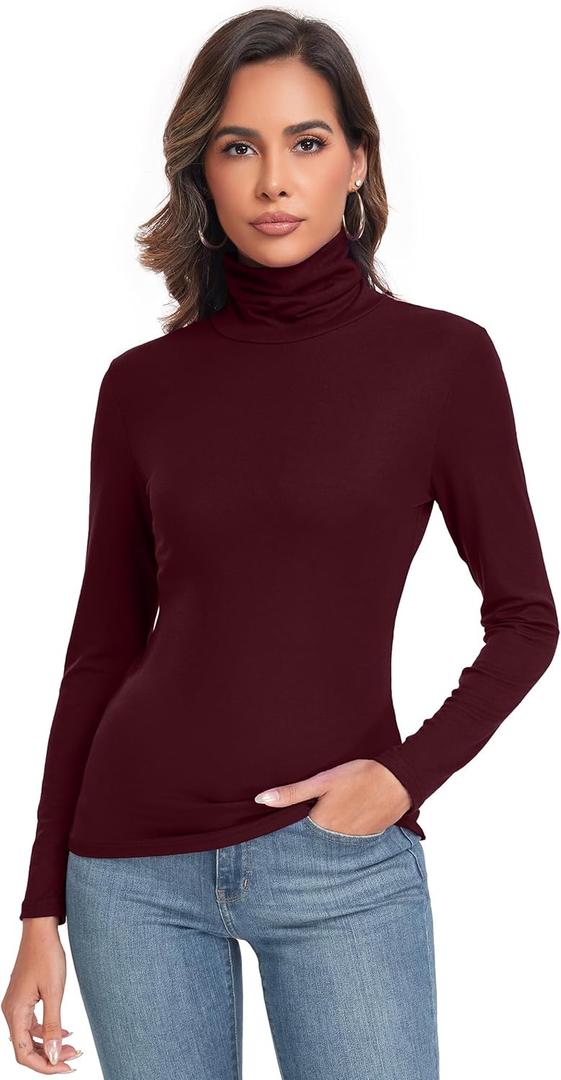 Women's Long Sleeve Casual Lightweight Turtleneck Top Slim Fit Thermal Active Layer Shirts (Burgundy) Small