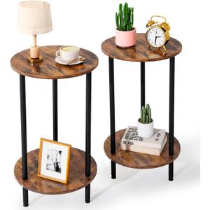 Round Side Table Set of 2, 2-Tier End Table, Small Round Nightstands with Storage, Modern Accent/Bedside Table for Living Room, Bedroom-Brown