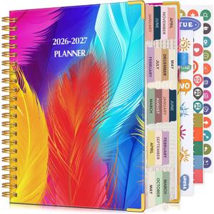 Planner 2026-2027, 18 Months Weekly and Monthly Daily Planner from January 2026 - June 2027, 8.5" x 11" A4 Large Hardcover Agenda Organizer Book 2026 with Tabs, Spiral Yearly Calendar Planners for School Work Home, Colorful Feather