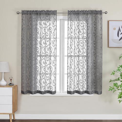 OWENIE Furman Sheer White Curtains 45 Inch Length 2 Panels Set for Living Room Bedroom Bathroom Window, Airy Jacquard Clip Short Curtains for Small Window, 40Wx45L inch
