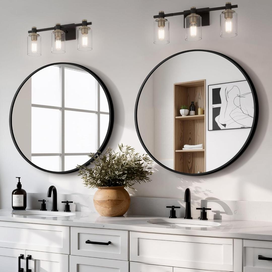 22 Inch Round Bathroom Mirror, 2 Pack Black Metal Framed Circle Wall Mirror for Over Sink, Modern Vanity Mirror for Bathroom with Tempered Glass