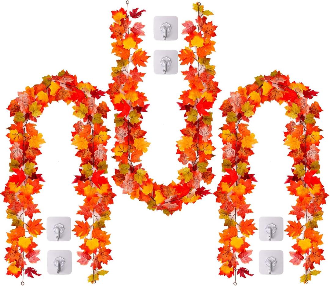 3 Pack Fall Maple Leaves Garland, 5.7 Ft/Piece Hanging Vines Artificial Autumn Foliage Thanksgiving Decor for Home Wedding Fireplace Party Christmas