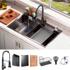 30x18 Black Drop-in Kitchen Sink: Deep Single Bowl Stainless Steel Workstation with Faucet & Accessories Combo for Family KitchenScratch Resistant & Noise Reducing