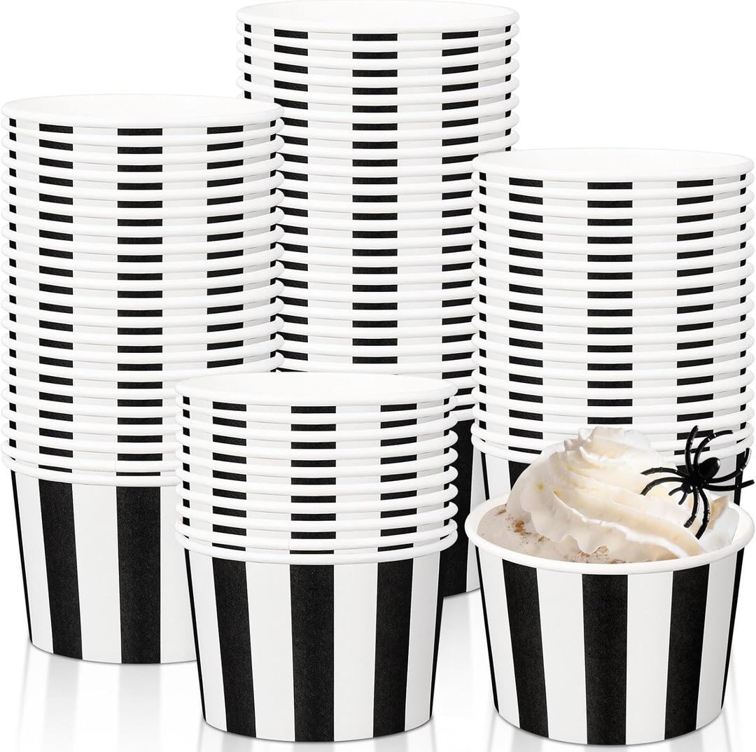 Zopeal 50 Count 9 oz Black and White Striped Ice Cream Cups Disposable Paper Soup Bowls Snack Race Car Birthday Halloween Party Supplies for Picnic Food Sundae Dessert Yogurt