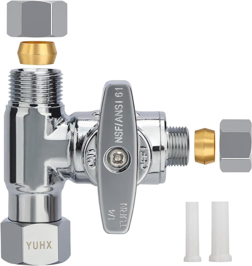 Brass Angle Stop Add-A-Tee Valve, 3/8 x 3/8 x 1/4 Compression Tee Valve,Feed Water Adapter for Refrigerators, Ice maker, Reverse Osmosis,RO Water Filter Systems, 3 Way Diverter Water Line Splitter