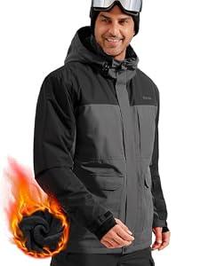 Men's Waterproof Ski Jacket Fleece Lined Warm Winter Snow Coat with Hood Fully Taped Seams(Gray Black, XXXL)