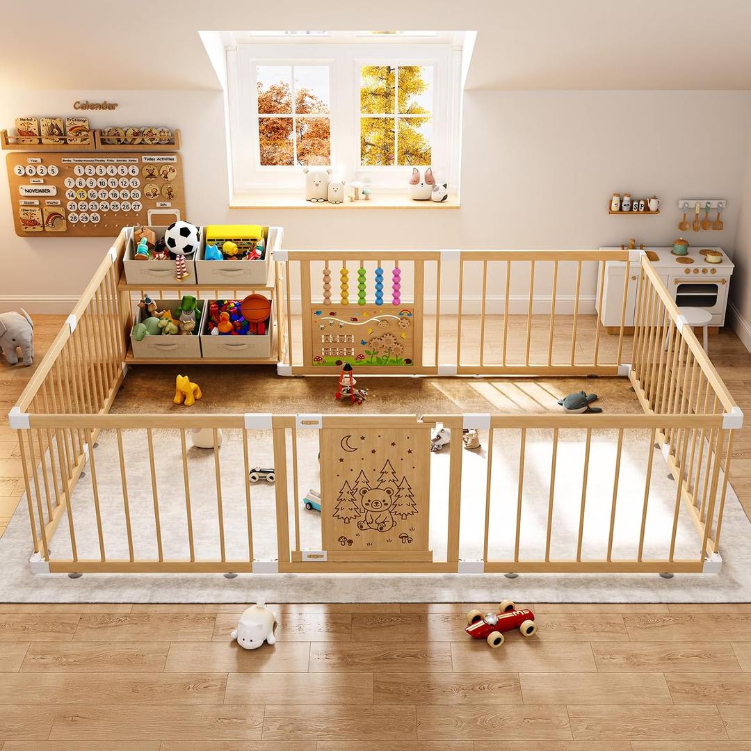 Large Wooden Baby Storage Playpen 9+3 Panels 71”×48”
Size Adjustable Play Yard for Babies and Toddlers, Baby Fence Activity Center with 4 Toy Storage Cases Play Pen