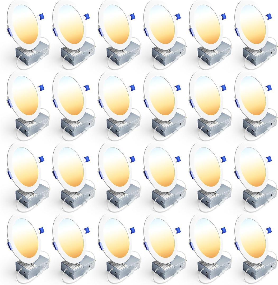 Ensenior 24 Pack 6 Inch LED Recessed Ceiling Light, Dimmable, 2700K-5000K 5CCT, 1200LM 12W 120V, High Brightness Canless Wafer Downlight - ETL&FCC&IC (5000k/4000k/3500k/3000k/2700k - 5cct White)