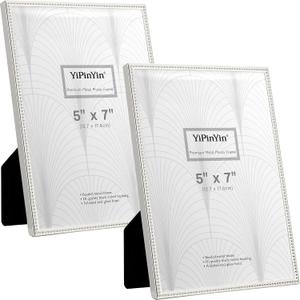YiPinYin 5x7'' Silver Metal Picture Frames Set of 2,Elegant Beaded Wedding Photo Frames with Real Glass & Velvet Backing for Home Decor,Tabletop or Wall Mount