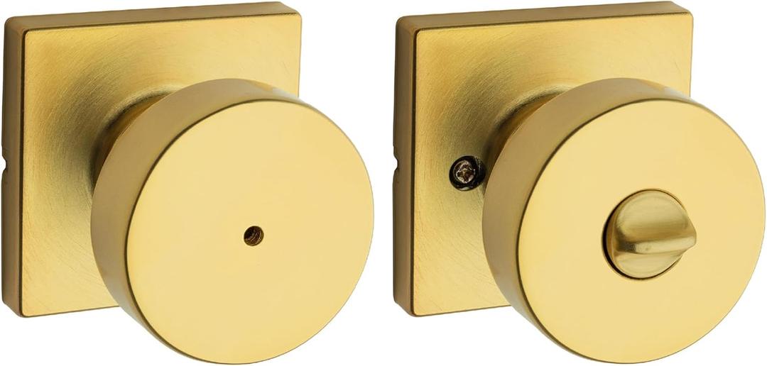 Kwikset Pismo Interior Privacy Door Knob with Lock, Door Handle for Bathroom and Bedroom, Satin Brass, Square, Keyless Turn Lock Doorknob, Microban Protection (1 Pack)