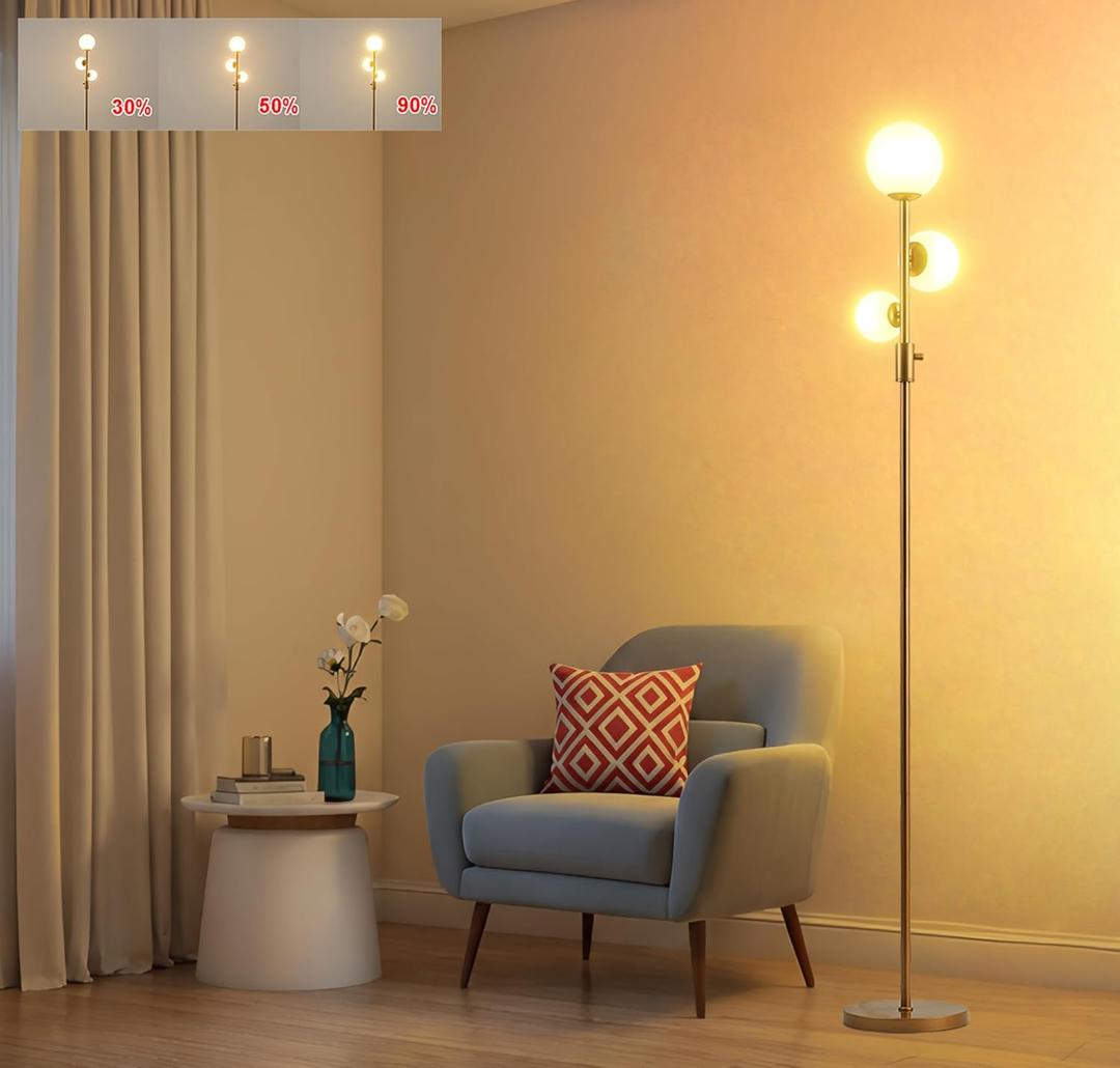 Fiqevs Upgrade Dimmable Floor Lamp, 3 Globe Mid Century Floor Lamps for Living Room with Frosted Glass Shade and 3 LED Bulbs, Vintage Modern Gold Standing Lamp for Bedrooms, Office - Antique Brass