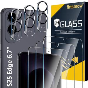 firtstnow 3 Pack for Samsung Galaxy S25 Edge Screen Protector Tempered Glass + 3 Pack Camera Lens Protector, Military Grade Shatterproof, 9H Hardness, Fingerprint Unlock, Case Friendly 6.7 Inch