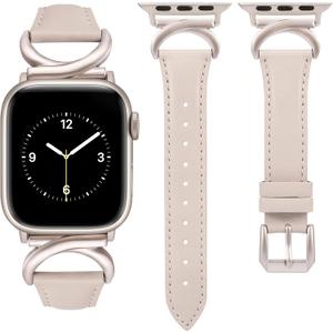 Minyee Leather Bands Compatible with Apple Watch Band 38/40/41/42mm(Series 11/10) Women, Slim Thin Dressy Designer Strap with C-Shape Metal Buckle for iWatch Series 11 10 9 8 7 6 5 4 SE/Ultra 3 2 1