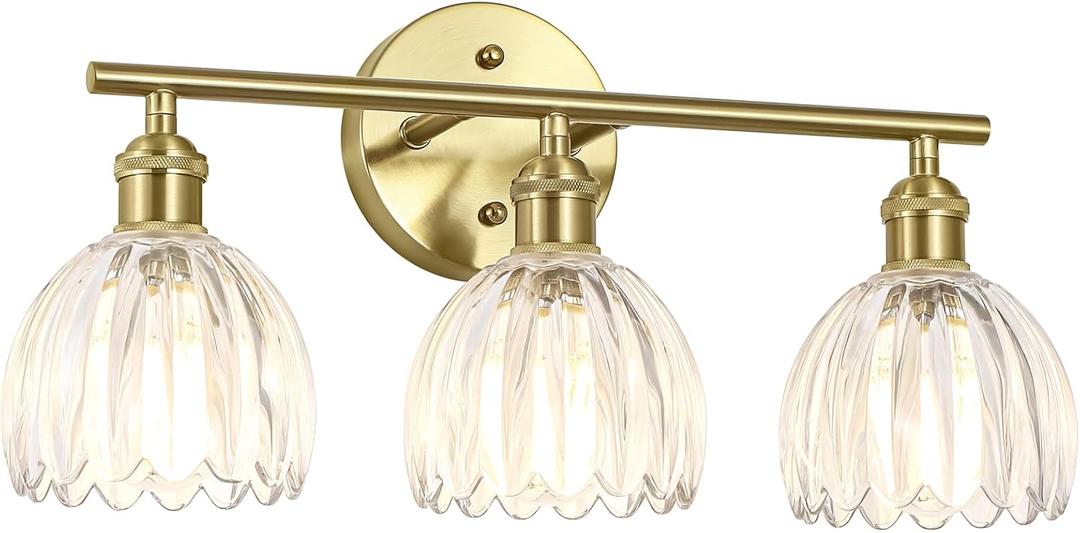 Vintage Bathroom Light Fixtures,3-Light Hardwired Vanity Lights Over Mirror,Gold Wall Sconces with Clear Tulip Glass Shade for Bathroom Living Room,E26 Socket(Bulbs Not Included)