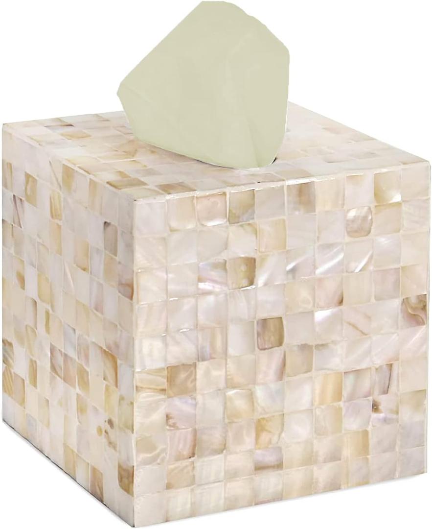 CLAYNIX Tissue Box Cover - Mosaic Mother of Pearl Inlay Tissue Box Holder - Tissue Box Cover Square 5.9 x 5.9 x 5.9 in - Decorative Bathroom, Bedroom or Office (White)