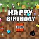 Pixel Backdrop Happy Birthday Party Decoration 7x5Ft Video Game Themed Banner Gaming Gamer Photo Background for Kids Boy Cake Table Supplies Favors