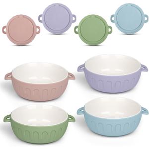 iNeibo 4 Packs Porcelain Baby Bowls with Silicone Sleeve for Toddler Feeding, BPA-Free, Non Slip, Microwave & Dishwasher Safe (Suction cup, Blue+Green+Pink+Purple)