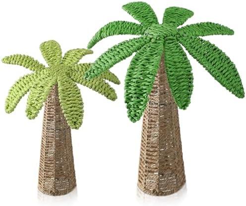 Roowest 2 Pcs Weave Palm Tree Tabletop Decor, 9.8" & 7" Woven Rattan Palm Trees Tropical Centerpieces for Summer Beach Party Hawaiian Luau Boho Coastal Wedding Island Home Decoration (Green)