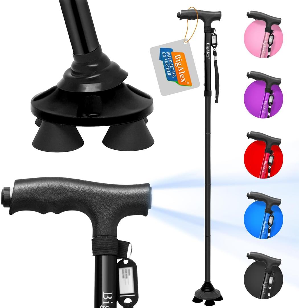 BigAlex Folding Walking Cane with LED Light,Pivoting Quad Base,Adjustable Walking Stick with Carrying Bag for Men/Women (Black(5'5"-6'3"))