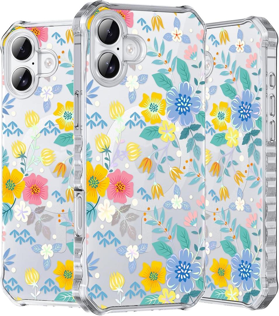 Hocase for iPhone 17e/16e Case 6.1", with [Curly Wave Edge & Shiny Design] [Compatible with MagSafe] [Reinforced Corners] Slim Fit Shockproof Protective Phone Case - Yellow Blue Flowers