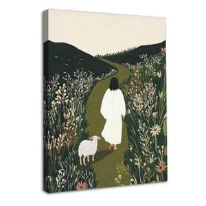 Jesus and Lamb Christian Canvas Wall Art Jesus Leaves the 99 Sheep Painting Picture Wall Decor The Good Shepherd Bible Poster Print Artwork for Living Room Bedroom Church Prayer Room Decorate, Framed