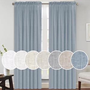 PrinceDeco Linen Curtains for Living Room Thick Linen Burlap Curtains for Bedroom Light Filtering Vertical Drapes Rod Pocket Country Rustic Linen Curtains(Stone Blue, 52" W x 84" L)