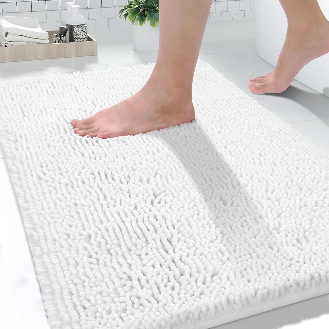 Yimobra Washable Bathroom Rugs, Super Soft & Absorbent Chenille Bath Mat for Floor & Carpet, Quick Dry Non Slip Bath Mat for Tub Shower, 24" x 17",White