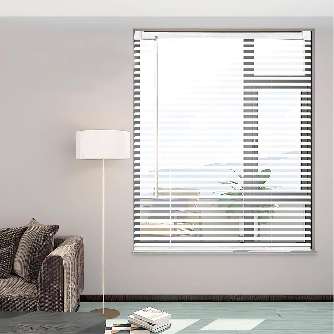 Cordless Vinyl Mini L Blinds 47" W x 64" H, 1" Slat White Horizontal Windows L Blind for Door, Shades, Camper, Light Filtering, Interiors, Arrive 1/2 Inch Narrower Indoor
