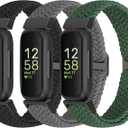 Braided Watch Bands Compatible with Fitbit Inspire 3/Inspire 2/Inspire/Inspire HR/Fitbit ace 3/Ace 2, Soft Adjustable Nylon Loop Elastic Strap Sport Replacement Wristbands for Women Men (Black+Space Gray+Dark Olive)