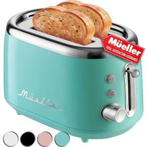 Mueller Retro Toaster 2 Slice with 7 Browning Levels and 3 Functions: Reheat, Defrost & Cancel, Stainless Steel Features, Removable Crumb Tray, Under Base Cord Storage, Turquoise