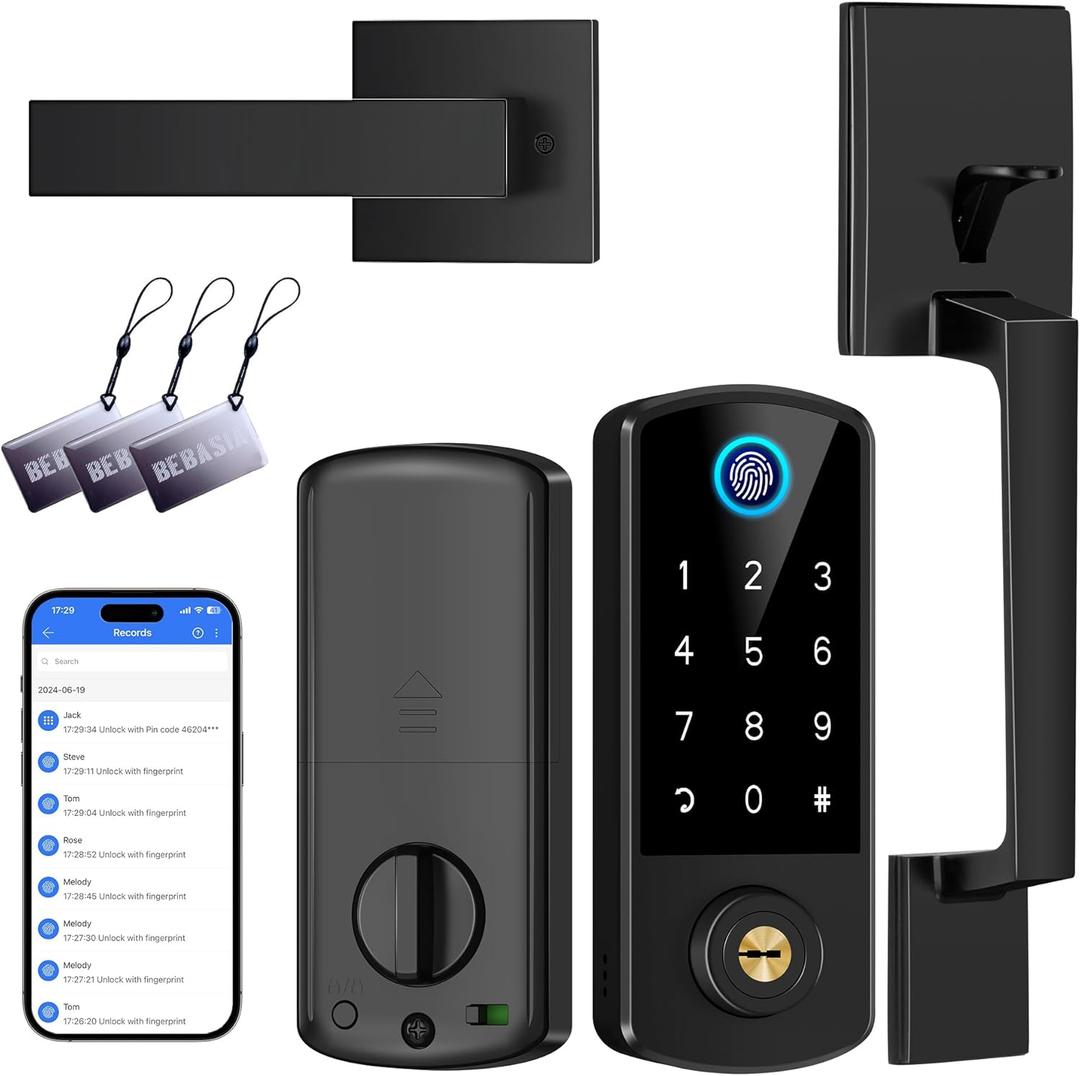 Keyless Entry Door Deadbolt with Handle Set, BEBASIA Fingerprint APP Smart Door Lock, Digital Keypad Bluetooth Deadbolt Lockset with Auto Lock Code Fob Black