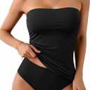 Aqua Eve Bandeau Swimsuits for Women Two Piece Bathing Suits Ruched Tummy Control Tankini Sets Strapless Swimwear (Medium, Black)