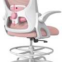 Drafting Chair,Tall and Standing Desk Chair with Flip-up Armrests, Ergonomic Comfy Lumbar Support and Adjustable Footrest Ring Office/Computer Chair (White-Pink)