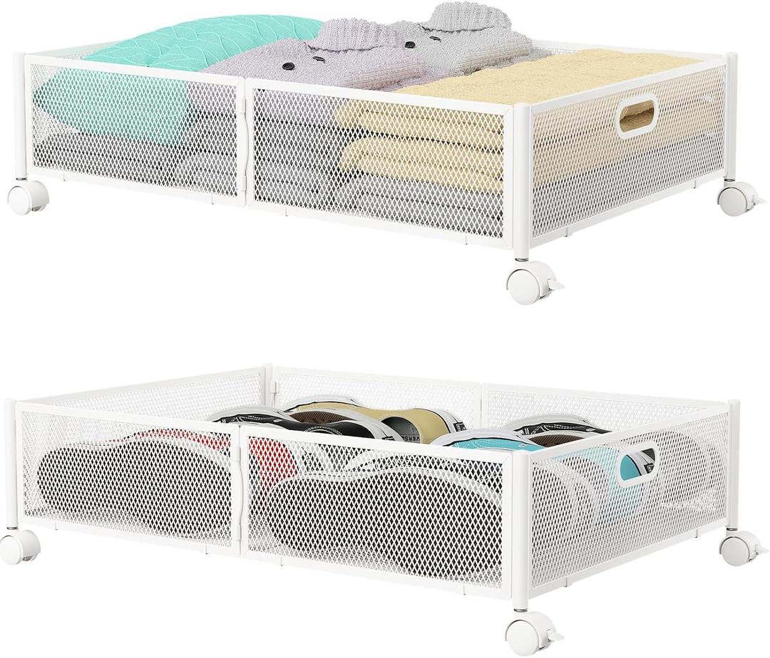PHINOX Under Bed Storage with wheels, Under the Bed Storage Containers,Upgrade Crossed Iron Wire, Metal Rolling Underbed Storage Containers for Bedroom Clothes Shoes Blankets-2 Pack,White