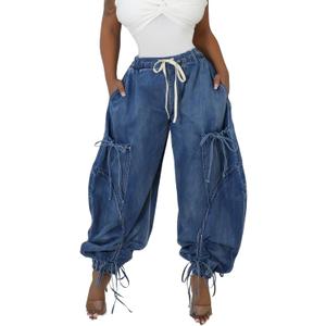 Unybwonn Women Baggy Barrel Jeans High Waisted Y2k Drawstring Bow Tie Cargo Jean Retro Wide Leg Ankle Denim Joggers, Size: X-Large