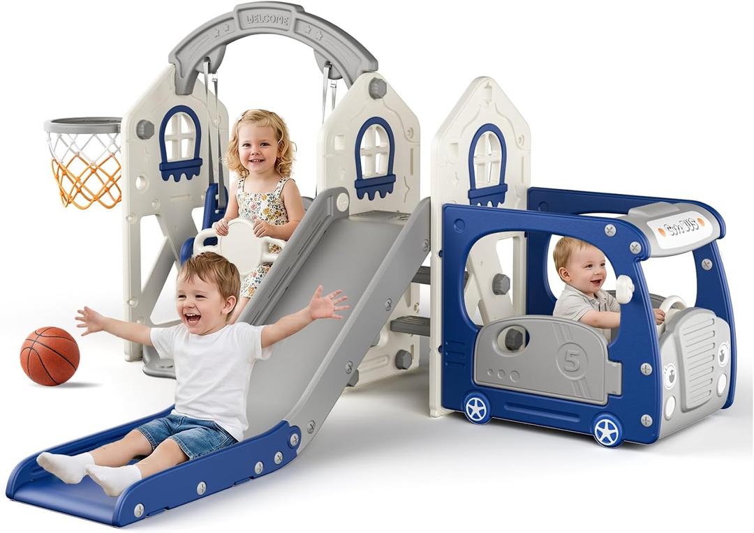 BIERUM 5-in-1 Bus Themed Toddler Slide Swing Set for Kid 1-3 Home/Backyard, Blue&Gray