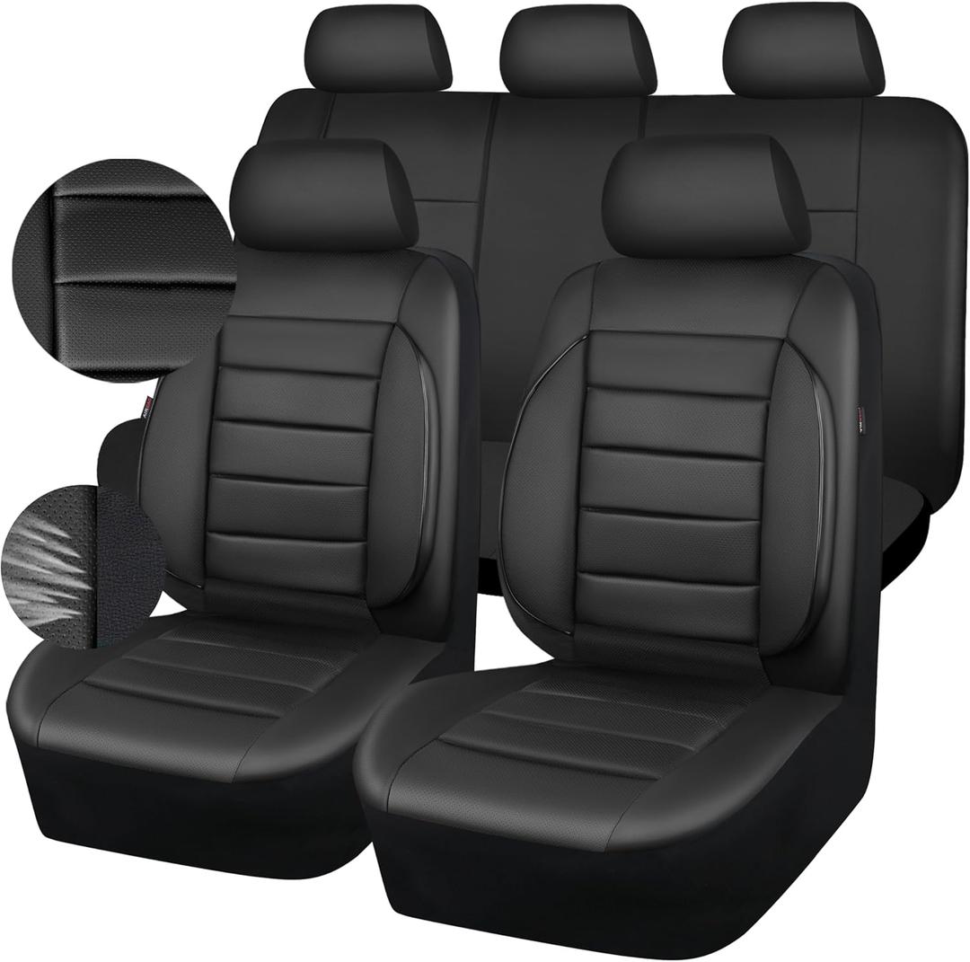 CAR PASS Leather Seat Covers Full Set Universal Water Resistant 3D Foam Back Support, Luxury Comfort Automotive 5 Seat Covers All Season Fit for SUV,Sedan,Van, Airbag Compatible Elegance(Pure Black)