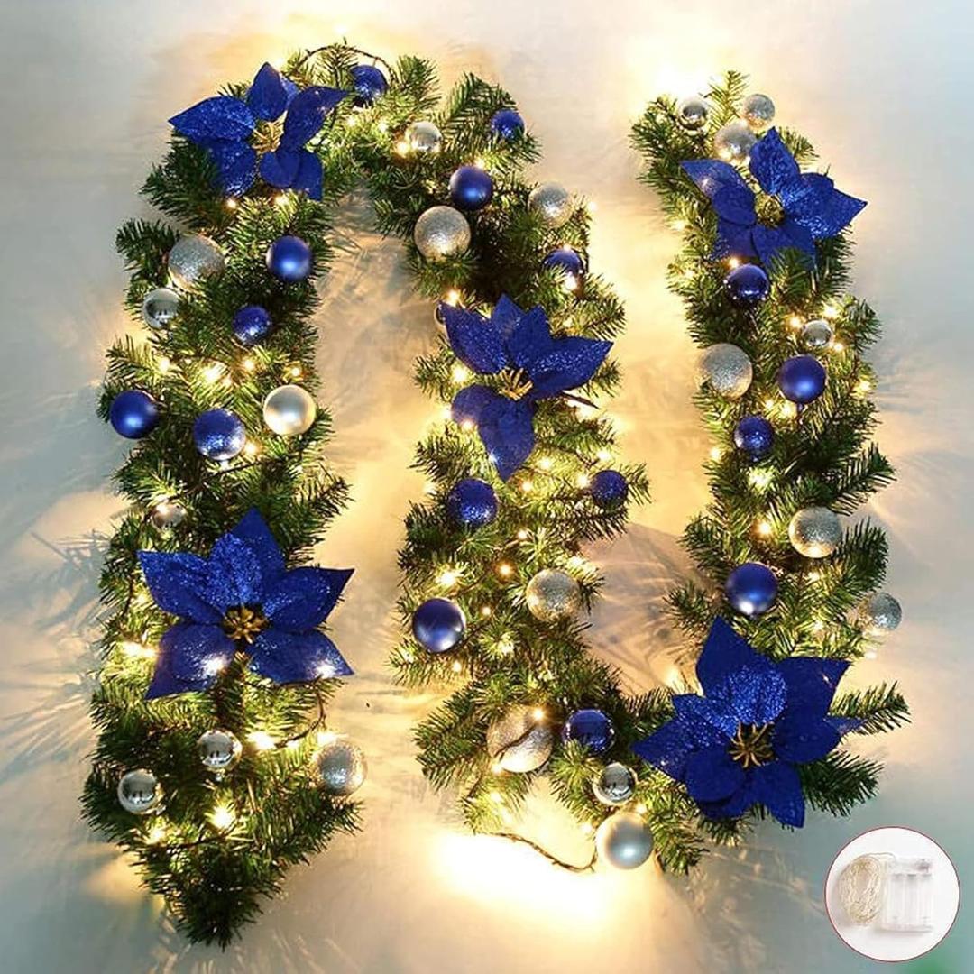 HIIXHC Christmas Illuminate Garland - 8.8 ft Rattan Artificial Flower Vine Plants Outdoor Decorations, Battery Operated (Battery Not Included) (Blue)
