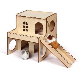 Wooden Hamster House Small Pets Woodland House Habitats Decor Cute Wood Bunny Castle House Guinea Pig Hideout Wooden Castle House for Playing and Hiding (Style H, Large)