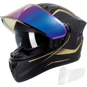 Full Face Motorcycle Helmets for Adult Men Women, DOT Approved Street Bike Racing Helmet Dual Visor Quick Release Buckle, Motorbike ADV Moped Helmet with Extra Clear Visor (Matte Black Gold, L)