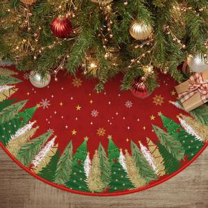 AVOIN colorlife Christmas Star Snowflake Red Christmas Tree Skirt 36 Inch, Fir Pine Spruce Winter Holiday Tree Mat Decoration