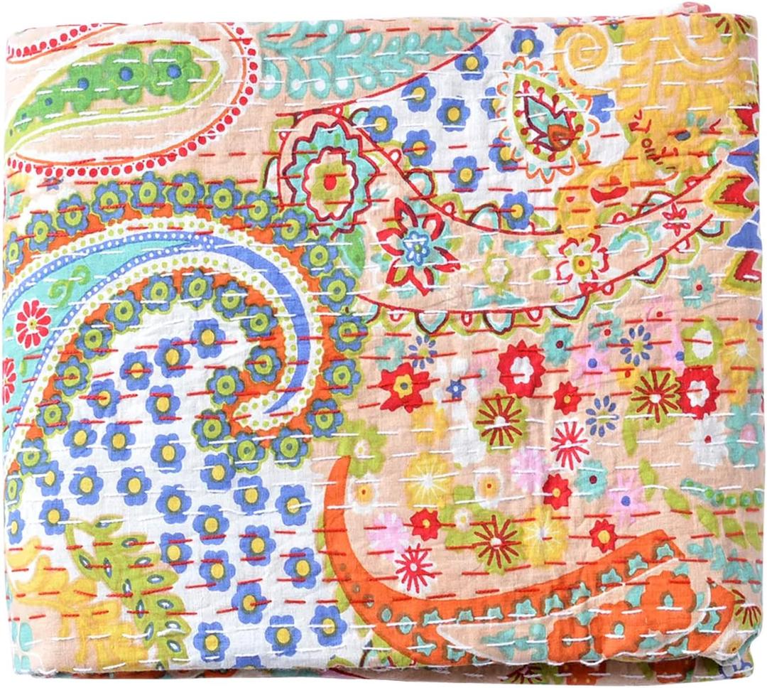 Rajasthaniartdecor Vintage Handmade Kantha Quilt Indian Traditional Bed Cover Throw Paisley Printed Cotton Blanket Beige (King 90x108 Inch)