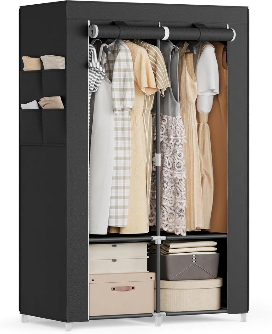 SONGMICS Portable Closet, Wardrobe Closet Organizer with Cover, 2 Hanging Rods and Shelves, 4 Side Pockets, Large Capacity for Bedroom, Living Room, Ink Black, Missing detail
