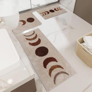 Schweek Boho Bathroom Rugs Sets 3 Piece, Non-Slip Absorbent Moon Phases Bath Mats, Microfiber Bath Rug with Toilet Mats U-Shaped Washable Boho Area Rug Carpet (Beige)