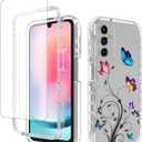 Case for Galaxy A24 4G Case, Samsung A24 4G SM-A245F Case with Tempered-Glass Screen Protector, Clear Floral Pattern Full Body Protective Phone Cover for Samsung Galaxy A24 4G Butterfly Tree