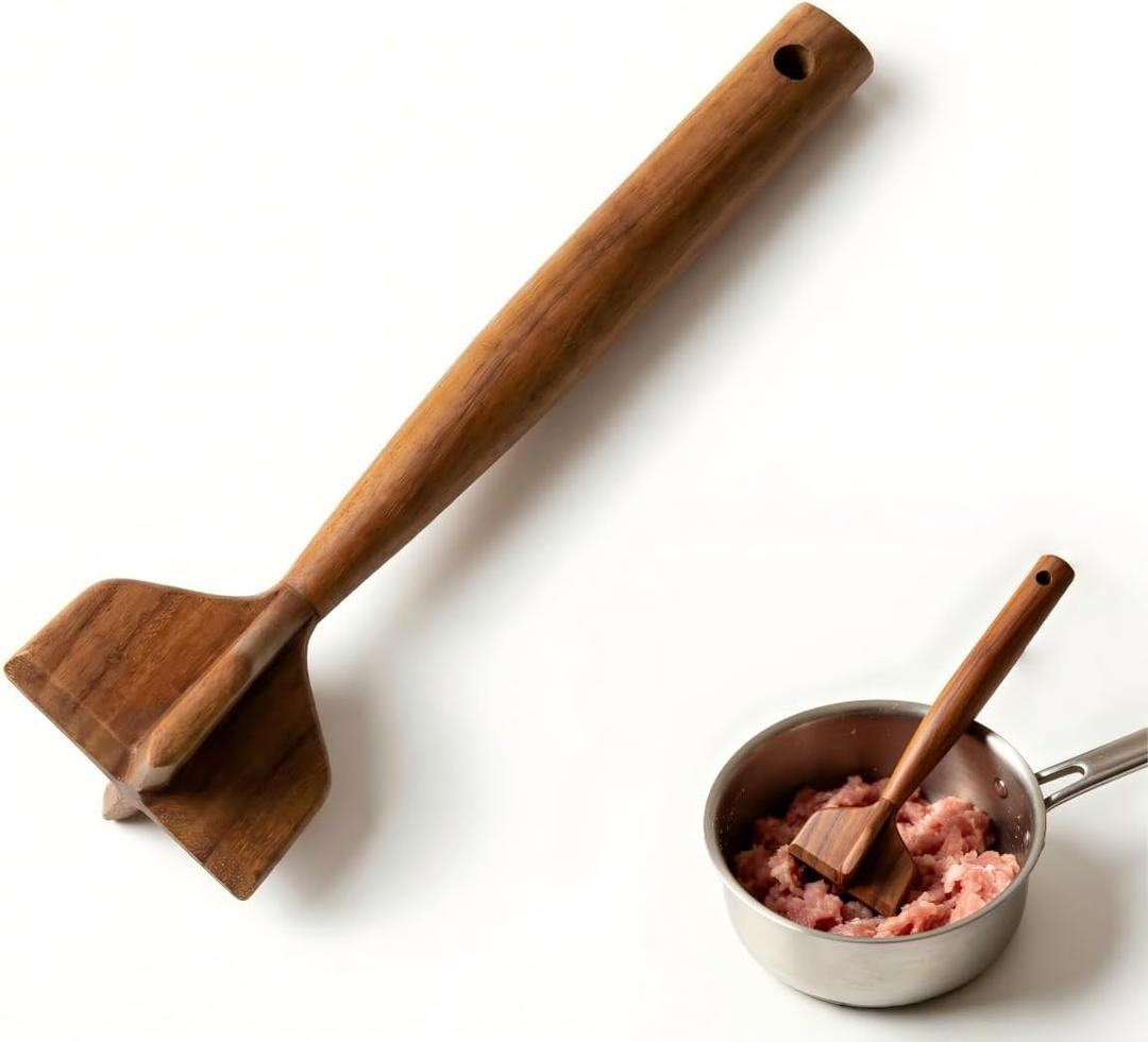 Natural Teak Wood Meat Masher, Ground Beef Masher, 11.5 Inch Chicken Shredder Tool, Multipurpose Kitchen Tool